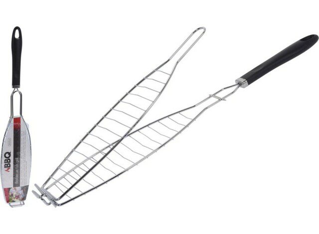 BBQ FISH GRILL CHROMED WITH BLACK PP HANDLE, LENGTH 58CM COOKING AREA 29X10CM