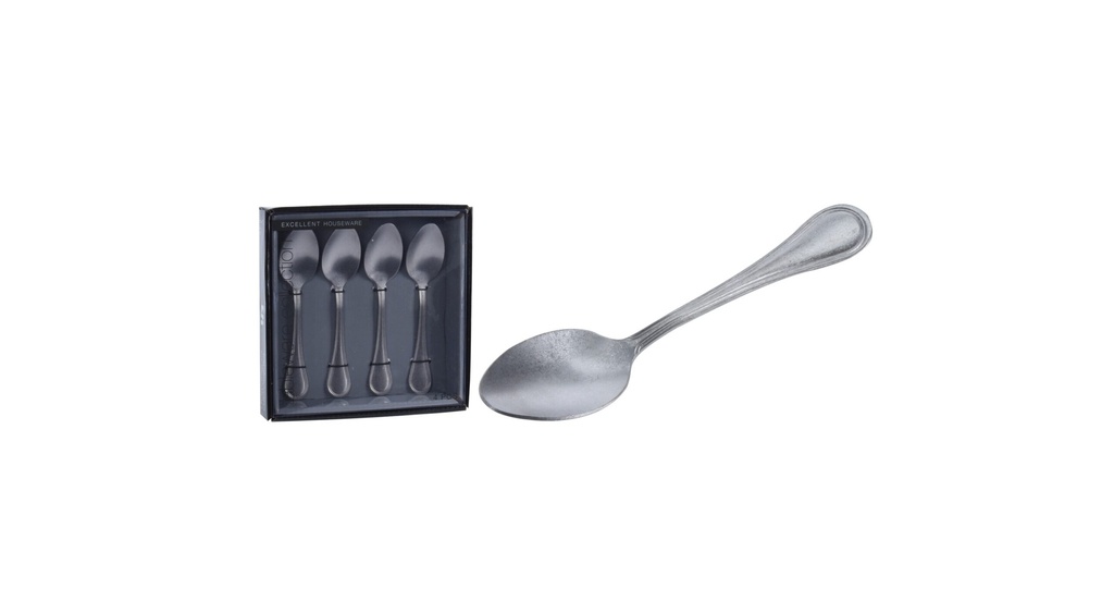 TEASPOON SET OF 4PCS, STAINLESS STEEL 430. ANTIQUE FINISH, STONE POLISHED, SILVER. SIZE 1,8MM