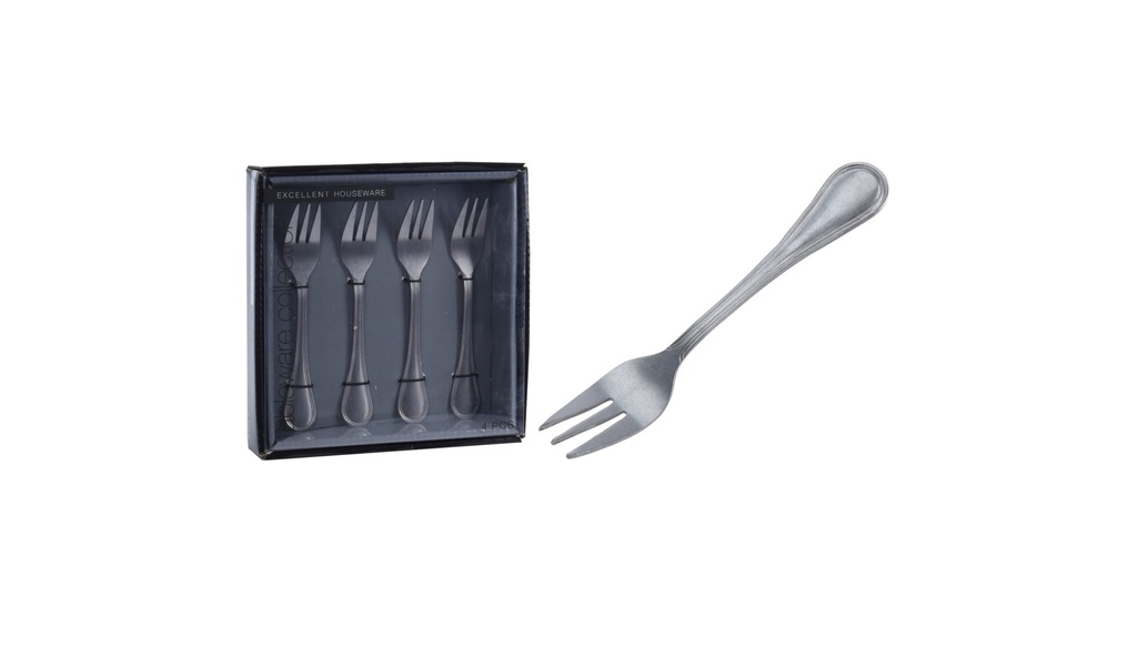CAKE FORK SET OF 4PCS, STAINLESS STEEL. ANTIQUE FINISH STONE POLISHED SILVER
