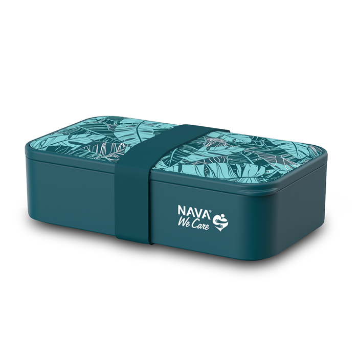 Rectangular plastic lunch box "We Care", petrol blue 650ml