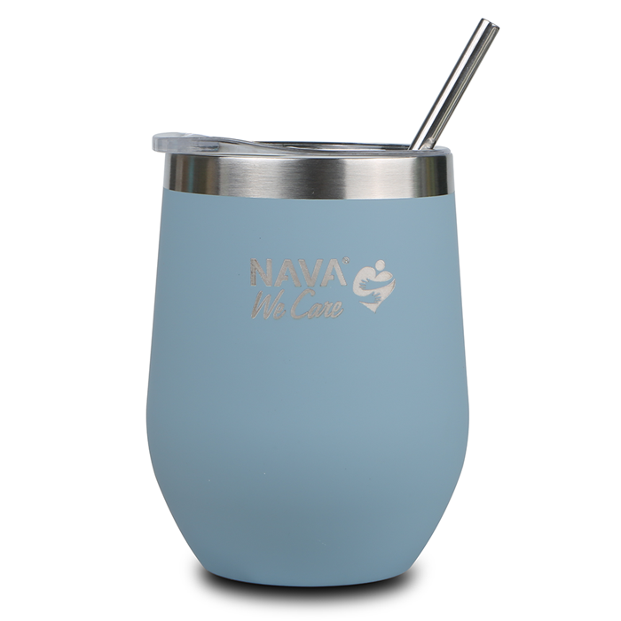 Stainless steel insulated travel mug with straw "We Care", blue 360ml
