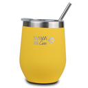 Stainless steel insulated travel mug with straw "We Care", yellow 360ml