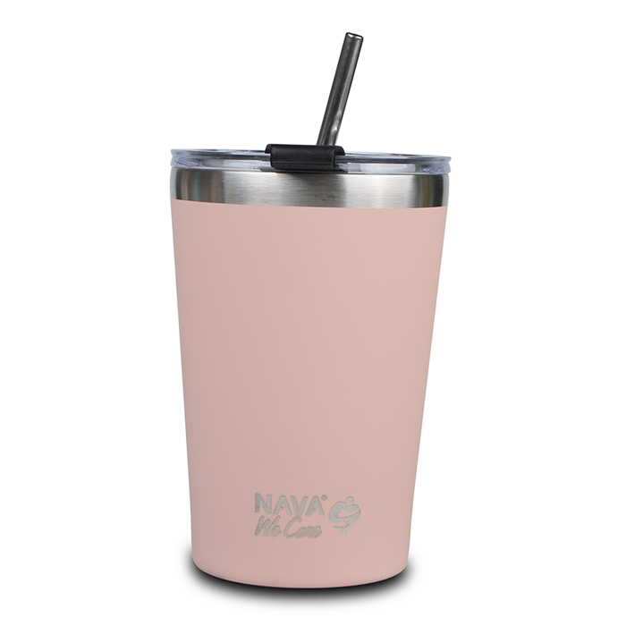 Stainless steel insulated travel mug with straw "We Care", pink 450ml