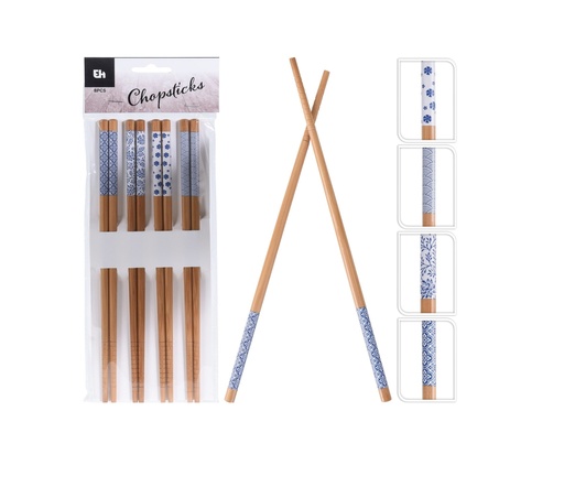 [1000290] CHOPSTICKS, BAMBOO, SET OF 8PCS, 24CM LENGHT, 7MM THICKNESS. 4 ASSORTED PRINTS