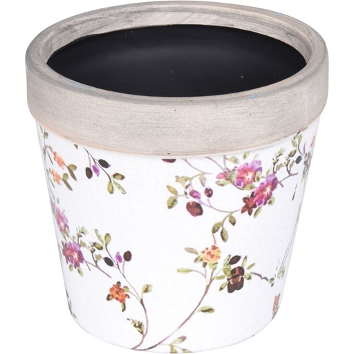 [1000358] FLOWER POT CERAMIC FLOWER PRINT. CRACKED FINISH, LIGHT BROWN RIM