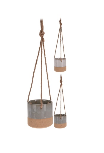 [1000359] FLOWER POT CERAMIC REACTIVE GLAZE AND SAND FINISH, WITH 40CM HANGING ROPE. 2 ASSORTED COLOURS