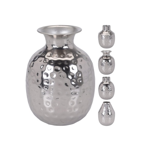 [1000363] VASE BOTTLE, HAMMERED METAL, SIZE: 9X9X14CM, AVERAGE WEIGHT: 150 GRAM, SILVER COLOUR, 4 ASSORTED DESIGNS