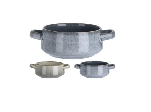 [1000398] SOUP BOWL STONEWARE, DIA TOP 14CM, INCLUSIVE HANDLE 20CM, HEIGHT 7CM. 750ML / 25.36 OZ. REACTIVE GLAZE, 3 ASSORTED COLORS