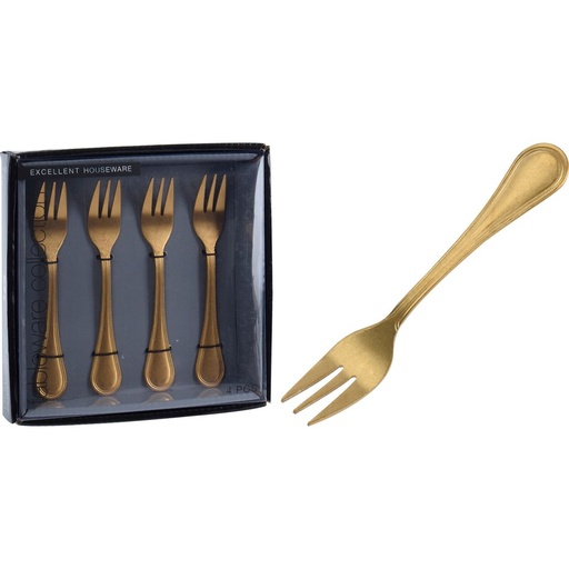 [1000417] CAKE FORK SET OF 4PCS. STAINLESS STEEL. ANTIQUE FINISH, STONE POLISHED GOLD