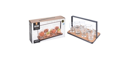 [1000469] SERVING SET OF 9PCS, 1 PIECE BAMBOO TRAY WITH BLACK METAL GRIP, SIZE 140X240X140MM