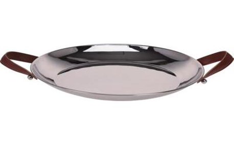 [1000499] SERVING TRAY, STAINLESS STEEL 201. DIA 415XH45MM WITH 2 FAKE LEATHER HANDLES IN BROWN COLOUR,