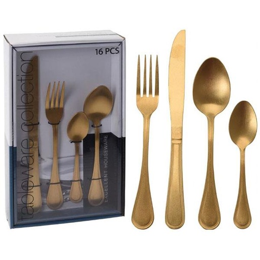 [1000500] CUTLERY SET OF 16PCS, STAINLESS STEEL 430, ANTIQUE FINISH, STONE WASHED. GOLD FORK AND KNIFE 2MM