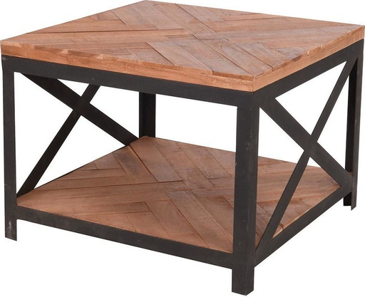 [1000533] TABLE SQUARE TOP TEAK WOOD (TECTONA GRANDIS), MOSAIC WITH ONE SHELF ON BOTTOM AND METAL FRAME BLACK