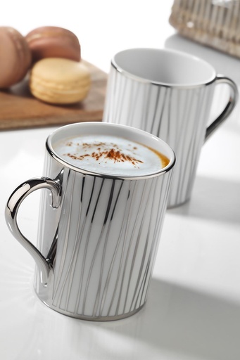 [1001961] Kutahya Porselen 'Forest' Mug, set of 2pcs Striped Silver Color