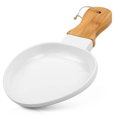 [1003405] Porcelain plate "Terrestrial" with bamboo handle oval shape 32cm