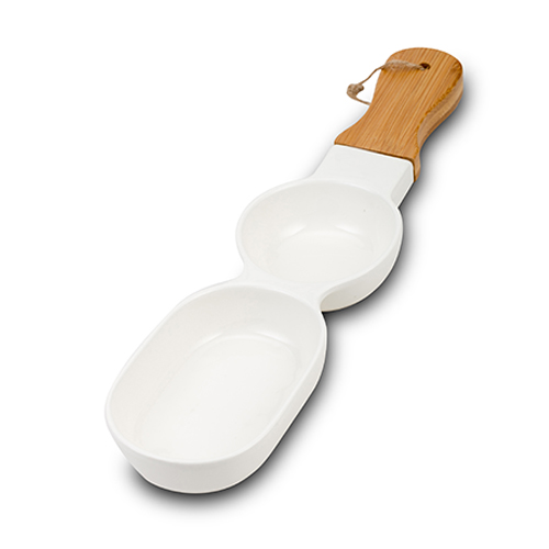 [1003412] Two section porcelain nut bowl "Terrestrial" with bamboo handle 39cm