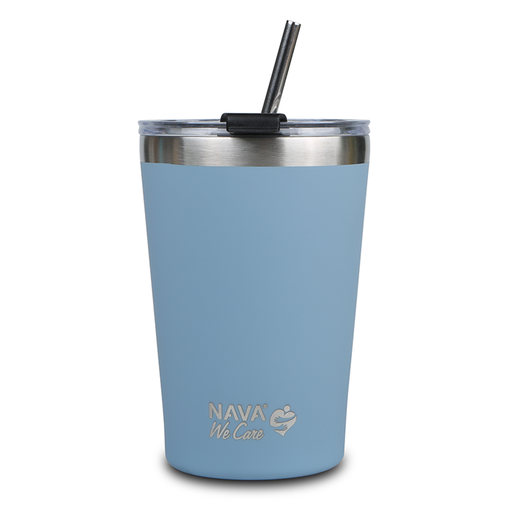 [1003465] Stainless steel insulated travel mug with straw "We Care", blue 450ml