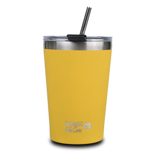 [1003467] Stainless steel insulated travel mug with straw "We Care", yellow 450ml