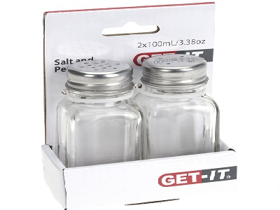 [1000293] PEPPER AND SALT SHAKER SET OF 2PCS, GLASS WITH STAINLESS STEEL LID, 100ML