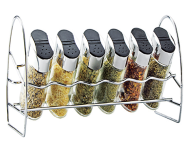 [1001793] 6 PCS OVAL GLASS SPICE JARS WITH RACK 100ml - S8140002