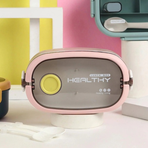 [1004225] Lunch Box Stainless Steel with Cutlery set Mix Colors LBS-005-Pink